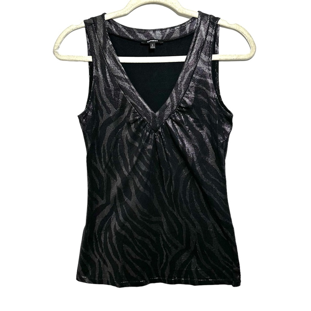 Express Womens S Silver Black Tank Top Blouse Tiger Striped Metallic Sleeveless